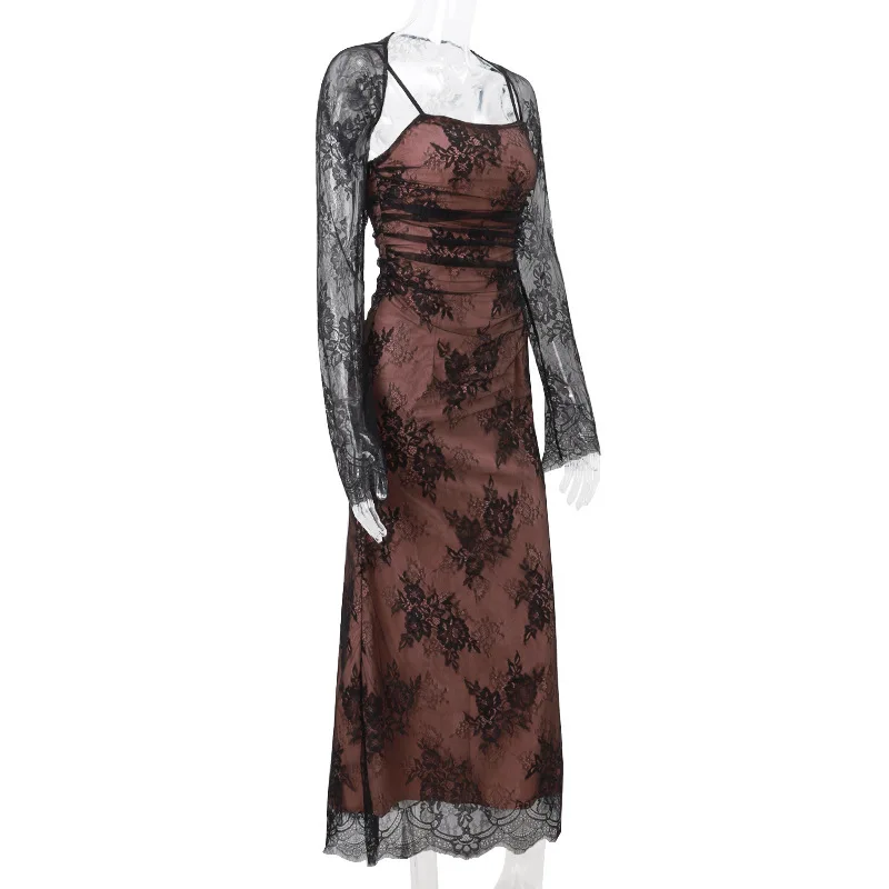 Elegante vestido de noche de fiesta para mujer, de manga larga, con encaje estampado de patchwork, sexy, para otoño e invierno, nuevo, ajustado con tirantes.