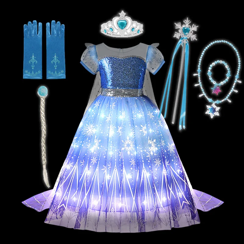 thumbnail image 1 of Disney-vestido de princesa Elsa con luz LED para niños, disfraz de Carnaval de Frozen, cumpleaños, 2-10T, 1 of 5
