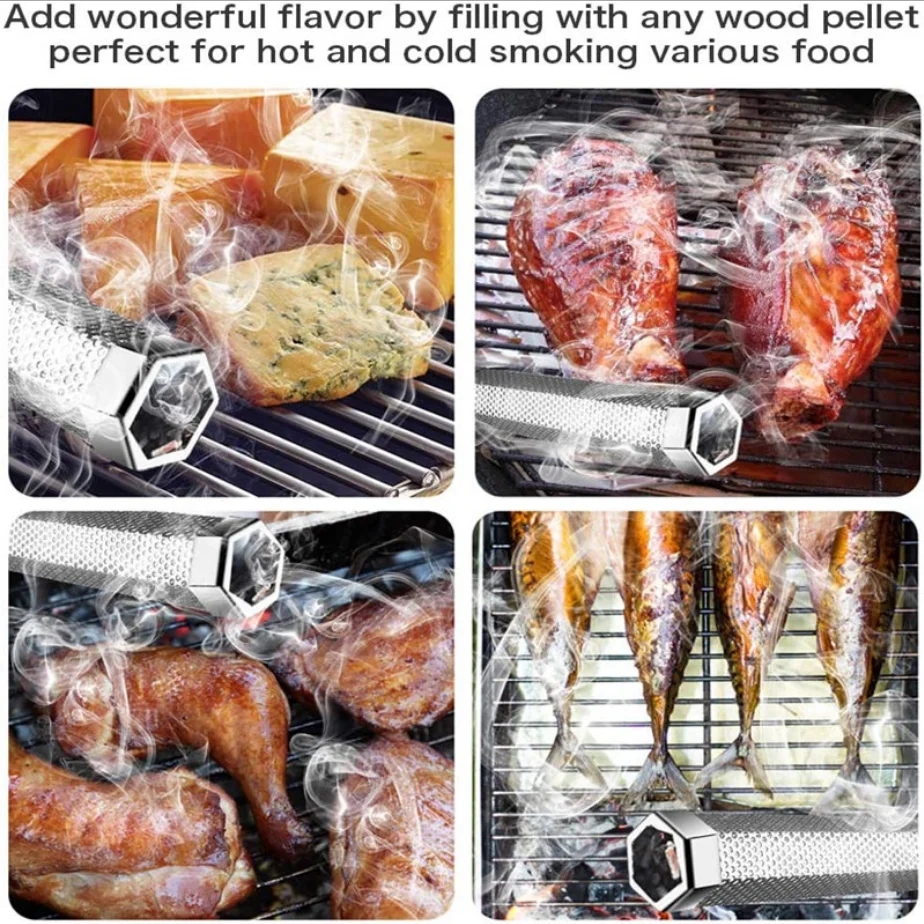 BBQ Hexagon Grill for Outdoor Camping, Smoking Mesh Tube, Stainless Barbecue Pellet Smoker, Kitchen Utensils, 12 in