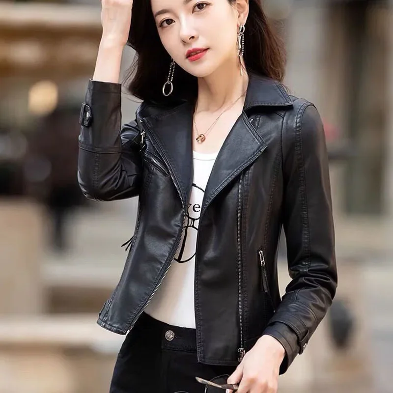 1pcs Women's Slim fit PU Leather Short Jackets Coat 2024 Spring Fashion Faux Fur Zipper Splicing Ladies Skinny Locomotive Coats