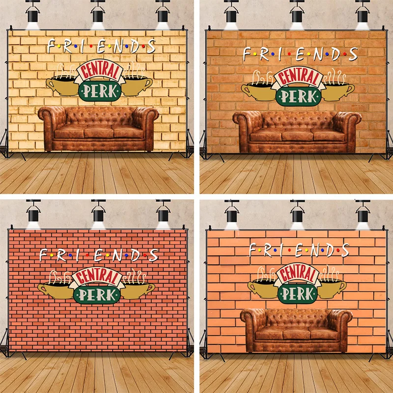 Photo Backdrop Friends Central Perk Red Brick Wall Retro Pub Sofa and Coffee 80s 90s Birthday Party Decoration Portrait Photoshoot