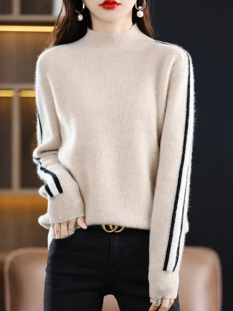 

LHZSYY 100% Wool High Quality Half Turtleneck Pullover Sweater Knitwear Women's Autumn And Winter Warm Solid Color Bottoming Top