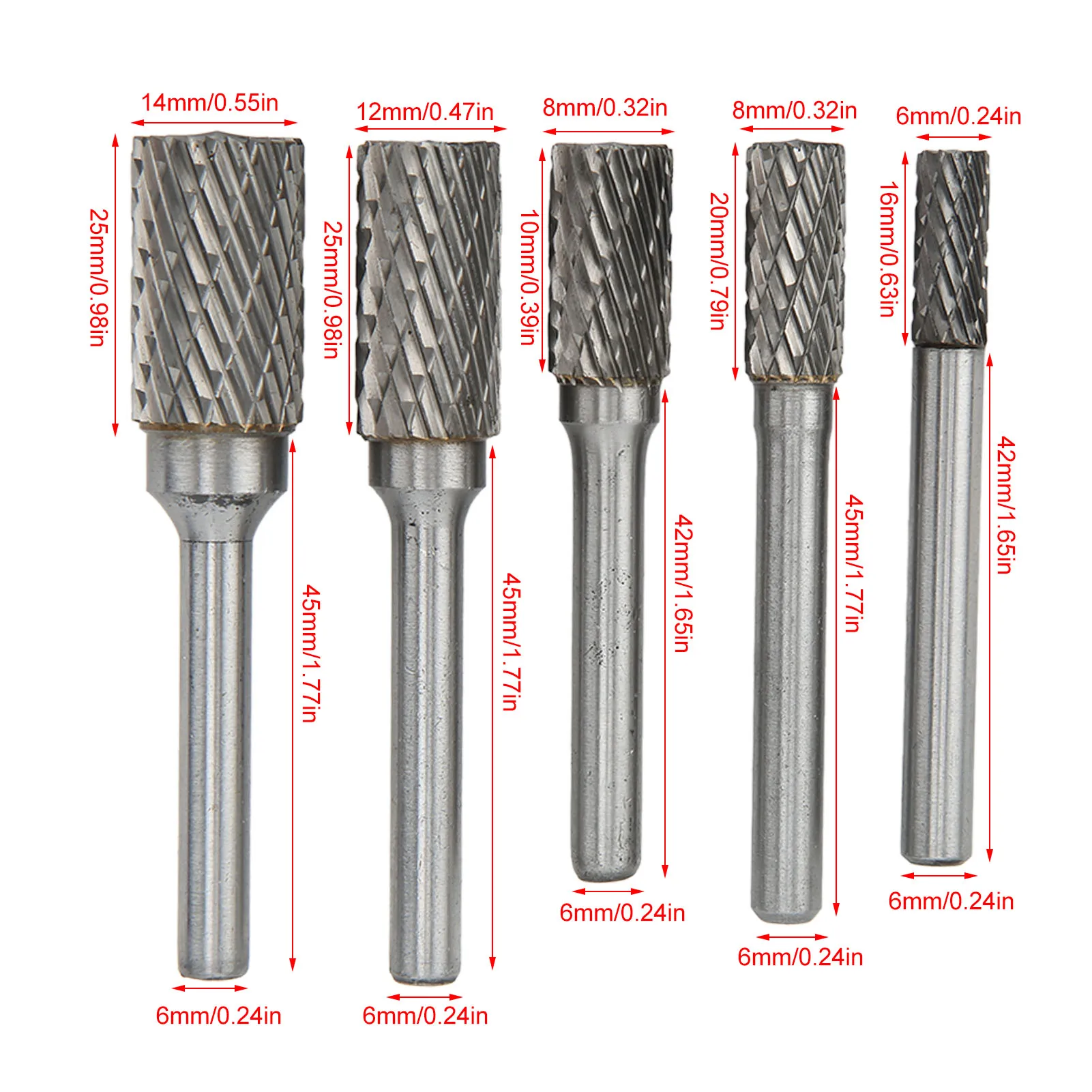 5Pcs Rotary Rasp File Set Steel File 6mm Shank Carving Bit Double Cutter Rotary Super Hard Metal Grinding Car Repair Tools
