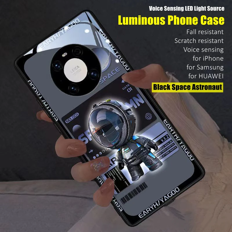

Space Astronaut 7 Color LED Light Glowing Luminous Tempered Glass Phone Case for OPPO Reno 4 5 6 7 8 9 10 Find X5 Pro Plus Cover
