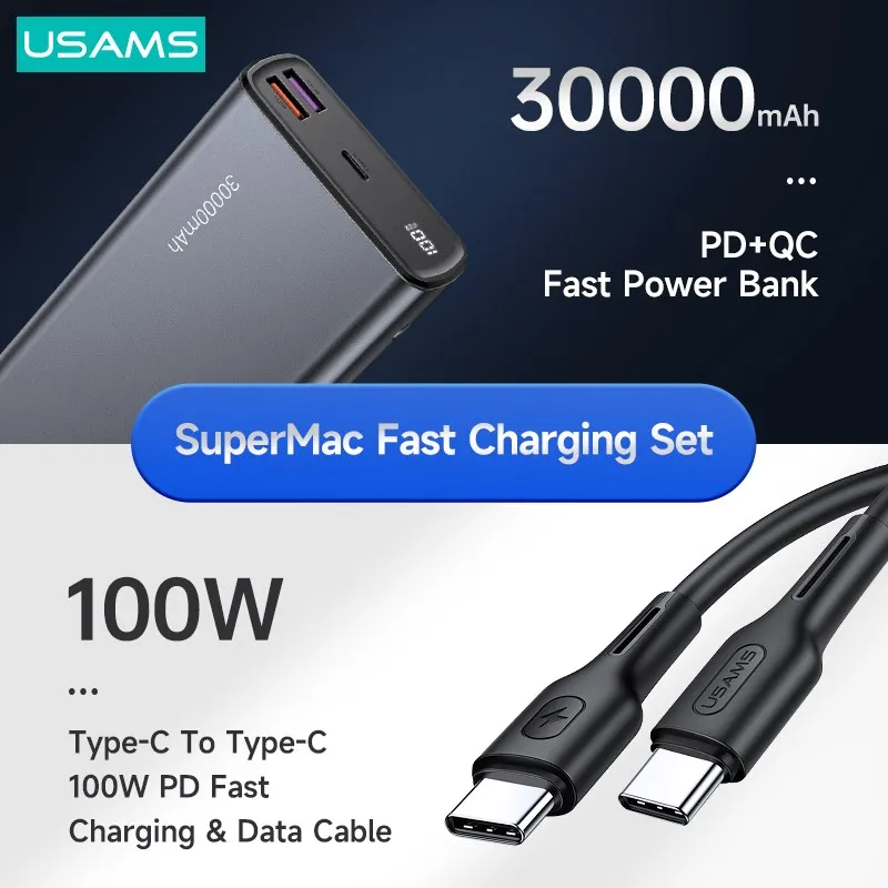 USAMS 30000mAh 65W Fast Charging Power Bank For MacBook iPad iPhone PD QC  FCP SCP AFC