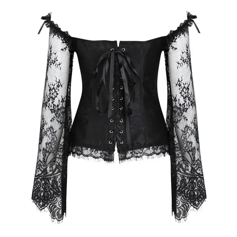 Mittelalterliches Damen-Korsett-Oberteil in Übergröße, sexy Spitze, langärmelig, Bustiers, Schultergurte, Korselett, Vintage-Stil, viktorianisch, Schwarz, Rot – Detail 4