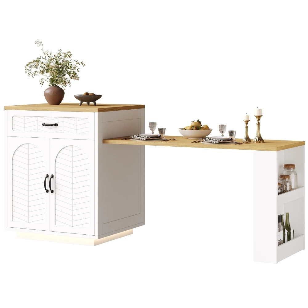 Kücheninsel, Küchenschrank, Barschrank mit LED-Lichtleiste, fester Servierwagen, mit ausziehbarem Tisch, 2 Schubladen, 4 Türen – Detail 27