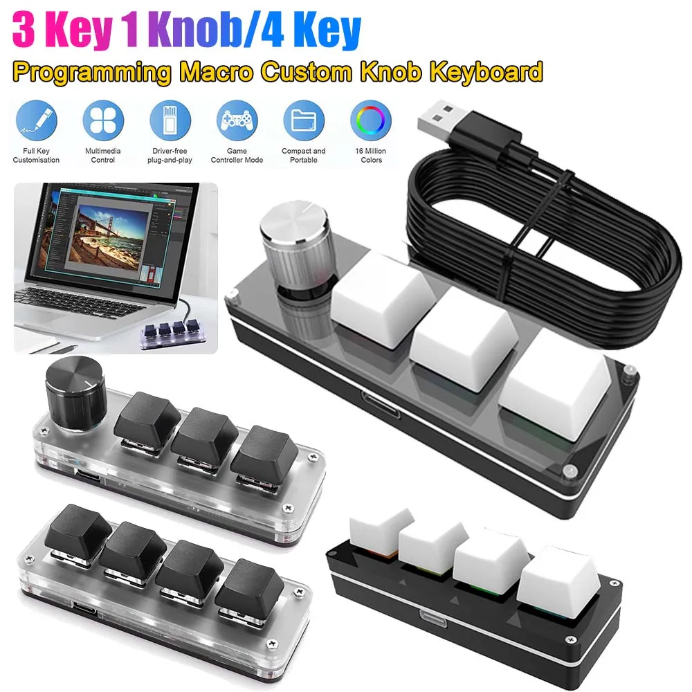 3 Key 1 Knob/4 Key Programming Macro Custom Knob Keyboard Gaming Keypad ...