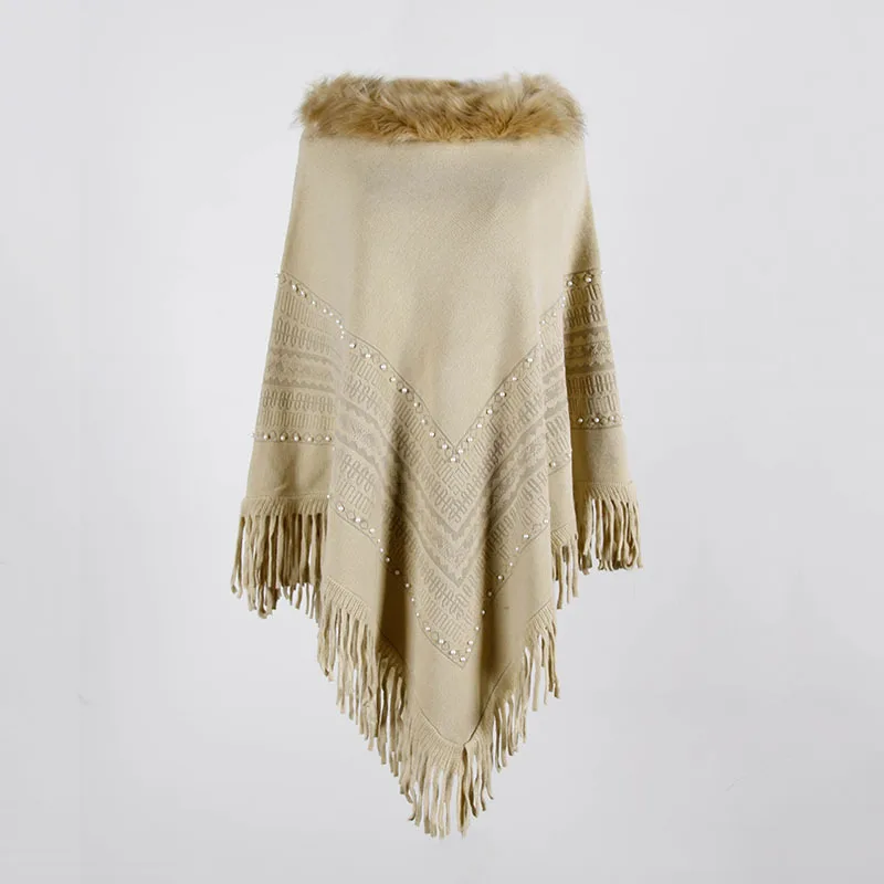 

Autumn Winter New European American Capes Shawl Imitation Wool Collar Nail Bead Tassel Sweater Ponchos Lady Cape Khaki 2 Cloak