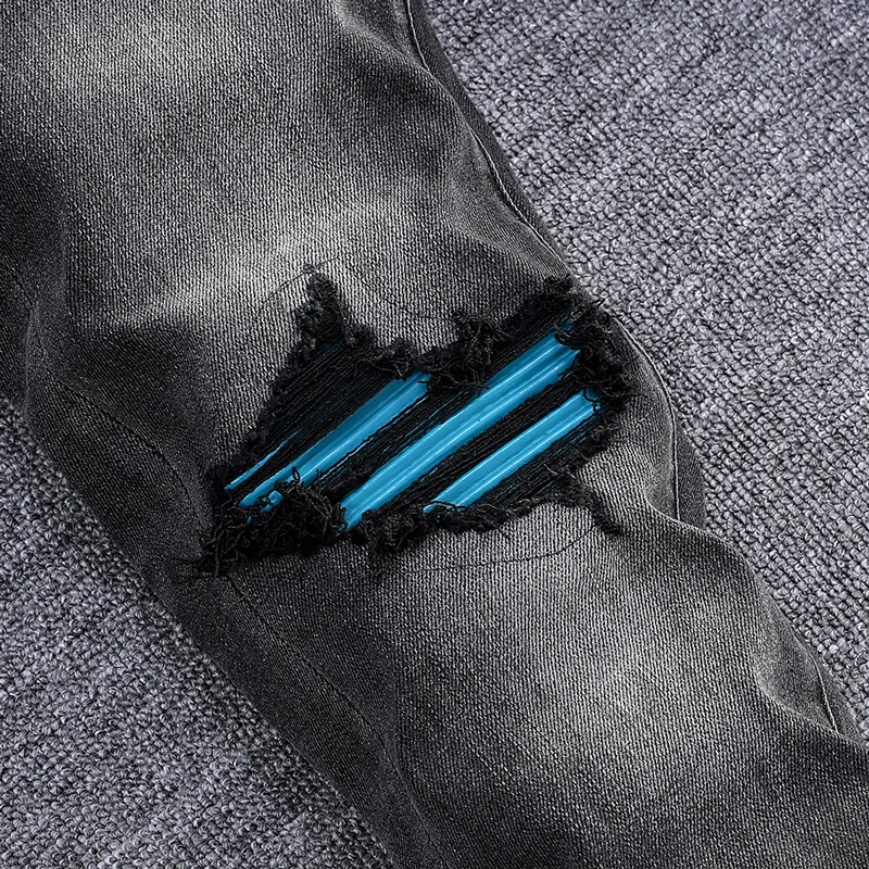 Street Fashion Men Jeans Retro Black Gray Stretch Skinny Fit Ripped Jeans Men Blue Leather Patched Designer Hip Hop Brand Pants