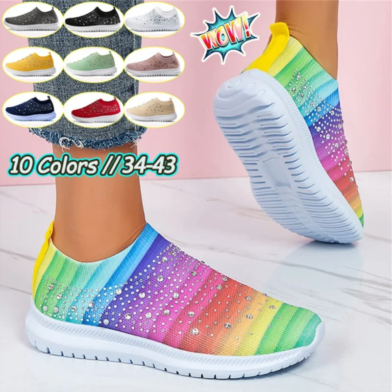 

Fashion Crystal Sparkly Trainer Sneakers Casual Slip-on Breathable Mesh Sneakers Jogging Walking Shoes Knitted Socks Shoes