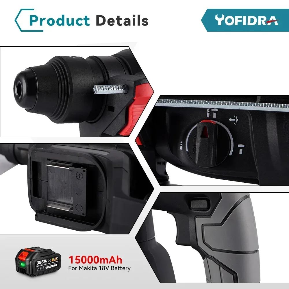 Yofidra 26mm Brushless Electric Hammer Electric Pick Impact Drill Multi-function Cordless Rotary Tool For Makita 18V Battery 4