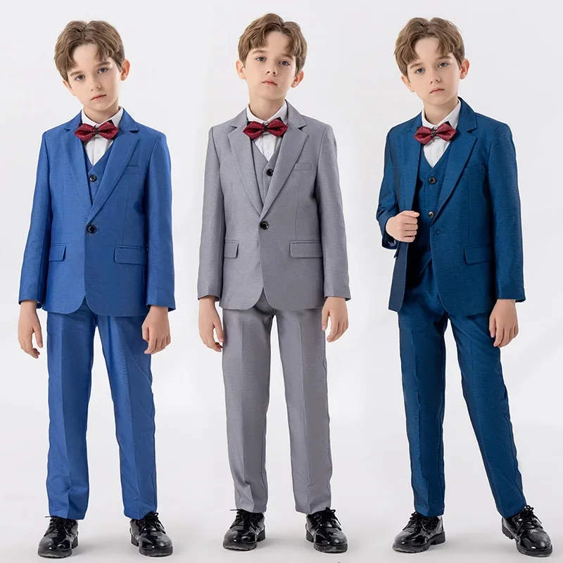 

Children Blue Gary Jacket Vest Pants Bowtie 4PCS Piano Party Dress Kids Ceremony Photograph Suit Flower Boys Performance Costume