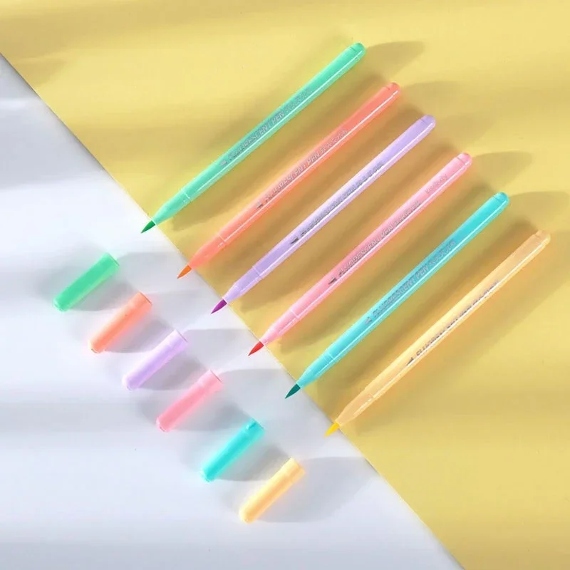 Soft Brush Fluorescence Pen Set 6 colors Pastel Markers Brush Set Art Color Highlighter Calligraphy pens Stationery