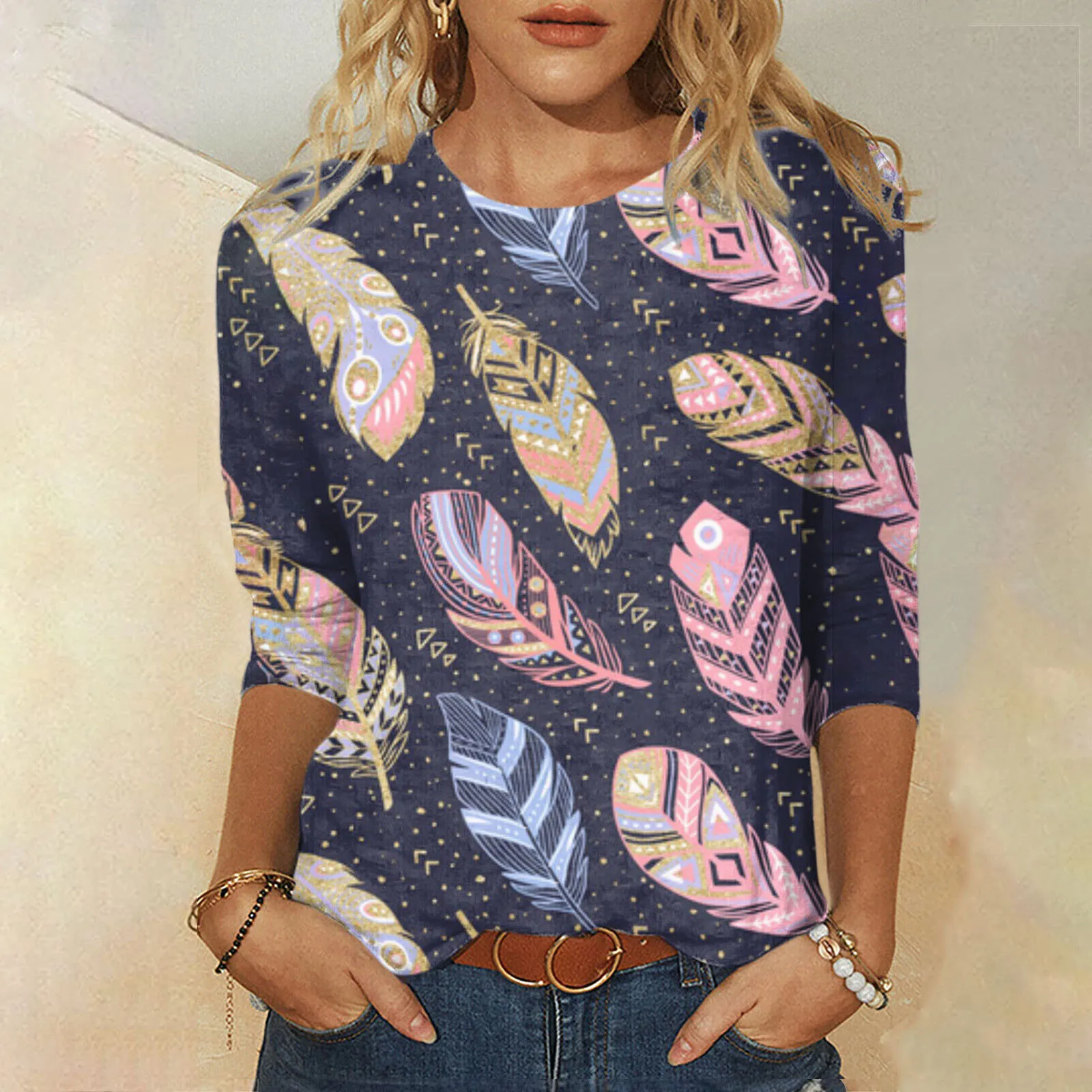 

Женские летние топы, круглый вырез, рукав три четверти, удобные футболки с цветочным принтом, Женский комплект, свободная посадка, женские летние рубашки