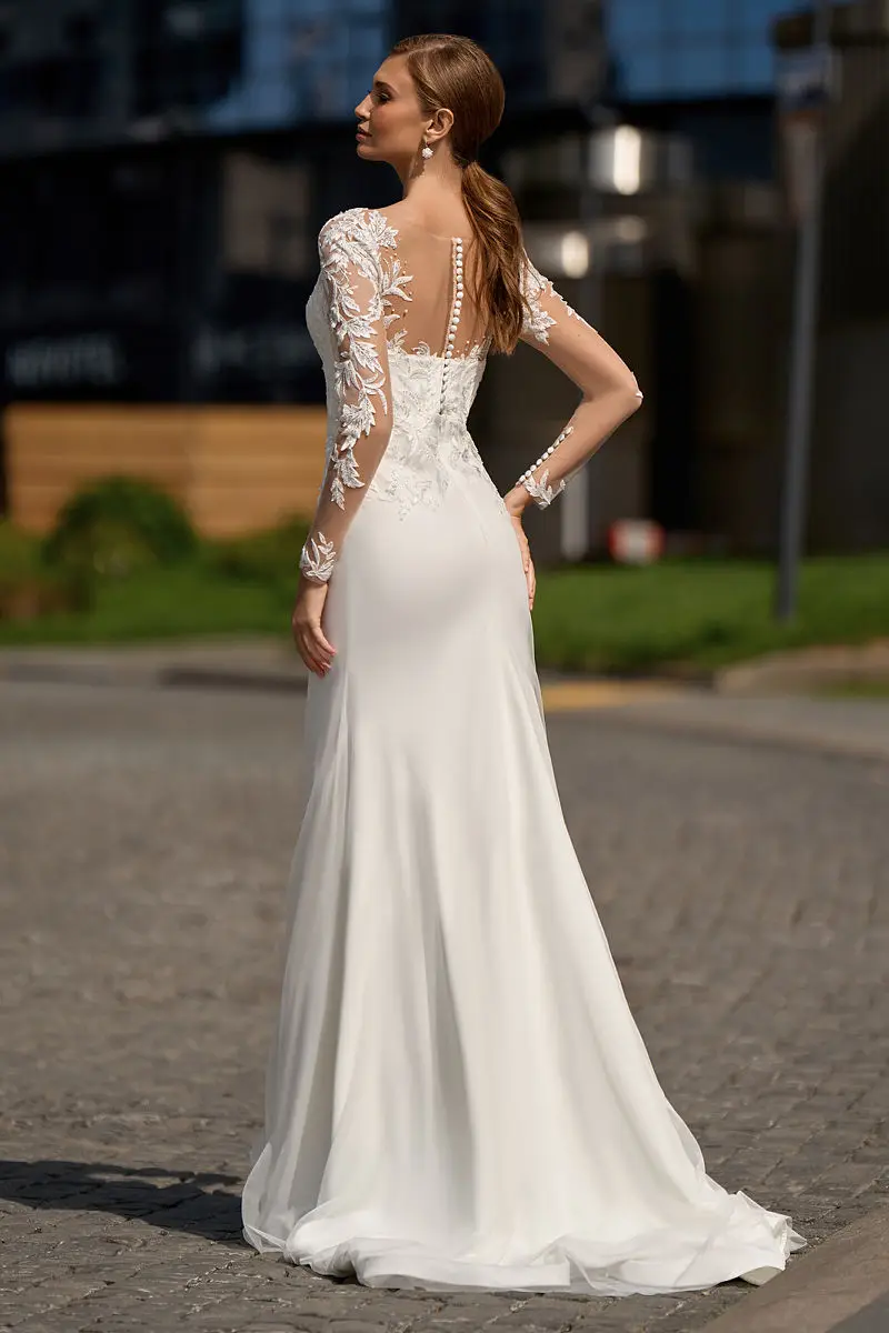 Long Sleeve Mermaid Wedding Dress Beach V-Neck Lace Appliques Sweep Train Button Bridal Gowns Customize To Measures Civil Sweep 3