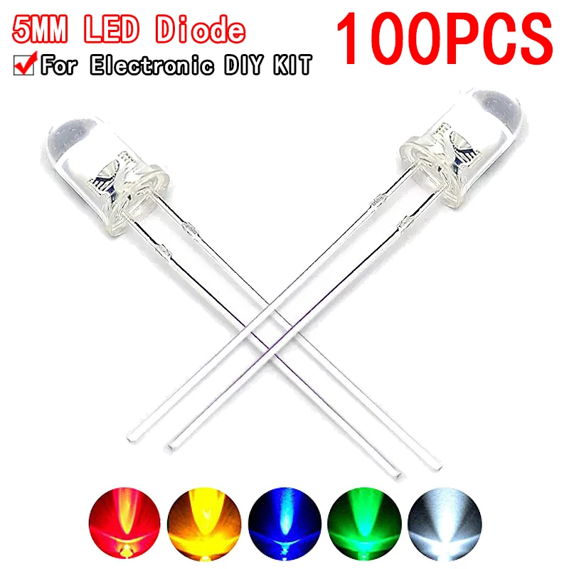 LED Bulbs 100pcs 5mm Super Bright Transparent Round Water Clear Green Red White Yellow Blue Emitting Diode