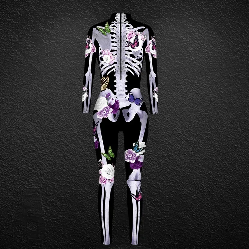 Halloween Women Adult Cospla Jumpsuit Skeleton Bodysuit Party Zombies Printed Long Sleeved Scary Costumes For Women,4 Colors