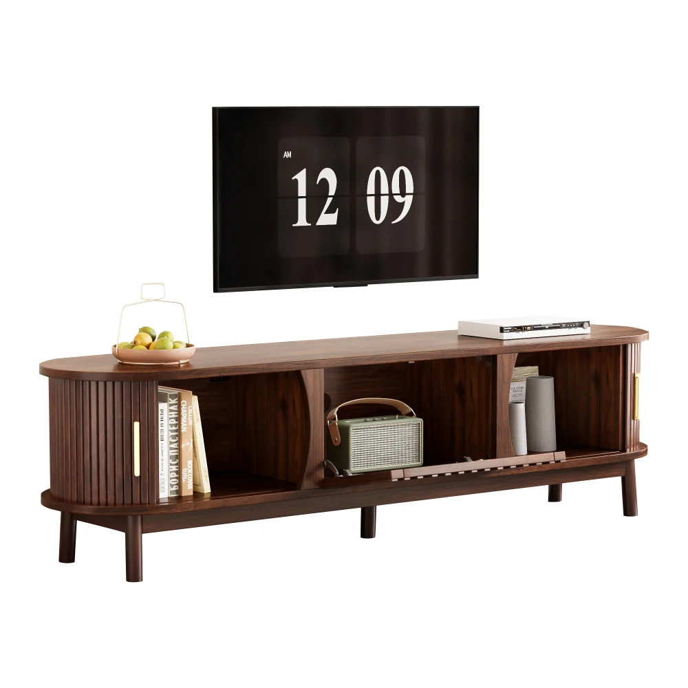 Braunes modernes Lowboard-TV-Möbel, flache Medienkonsole mit verschiebbaren und herunterklappbaren Hohlklappentüren, TV-Schrank mit Stauraum, geeignet für Fernseher bis zu 65 Zoll. – Detail 12