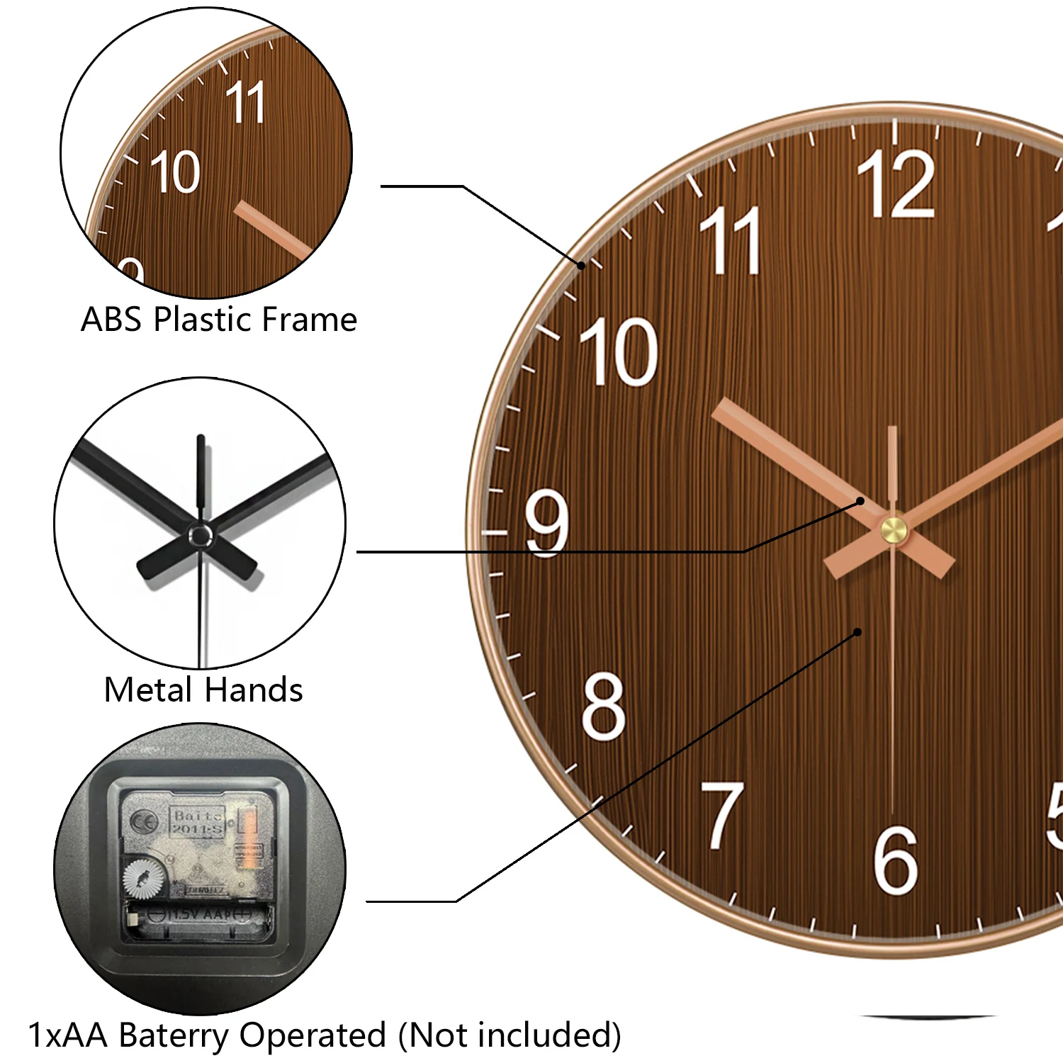 Modern Round Wall Clock Wooden Grain Non-Ticking Wall Clock for Living Room Bedroom Kitchen Office Home Decor Minimalist Style - 5