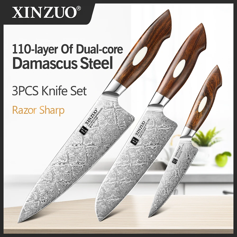 XINZUOThreePiecesSetKitchenKnives110LayersofDualcoreDamascus