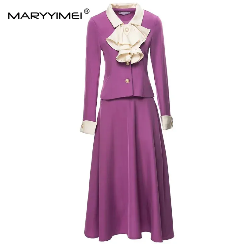 

MARYYIMEI Fashion Designer Suit Spring Women's Turn-down Collar Lantern Long Sleeve Applique Coat+Skirt 2 Pieces Set