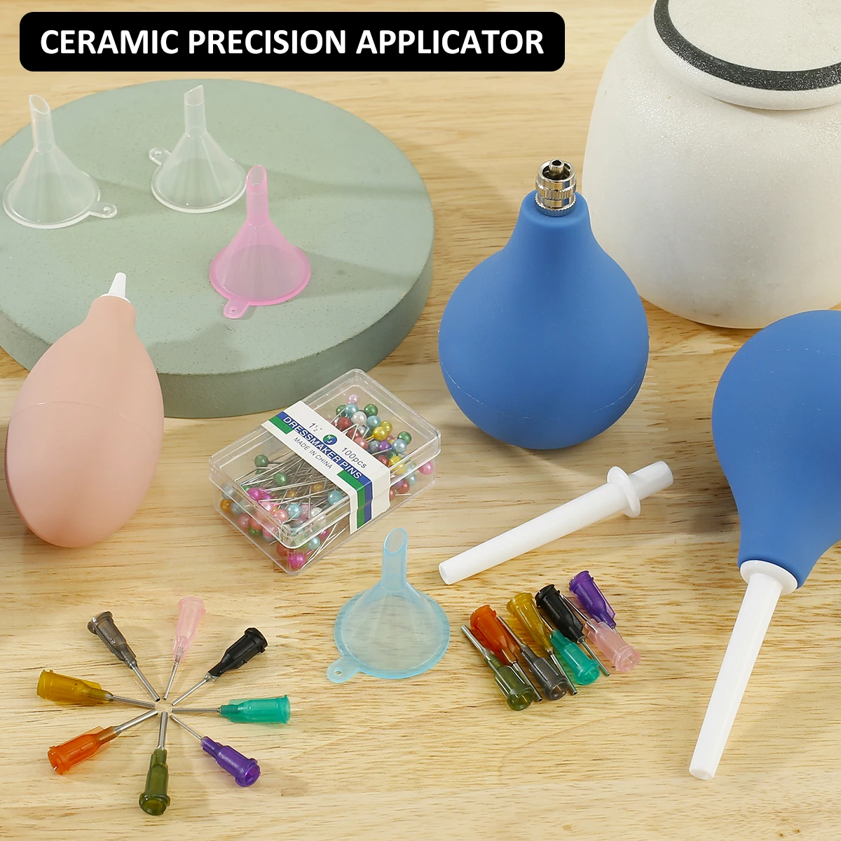 Pottery Precision Applicator Set with Plastic Steel Needle Funnel Ceramic Precision Tip Applicator Glaze Silicone Squeeze Bottle