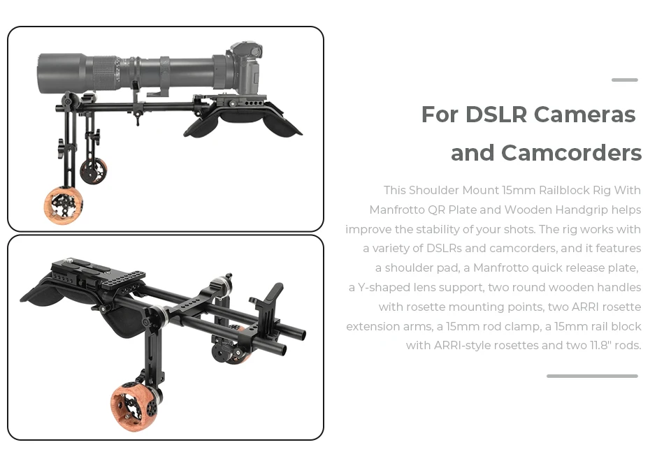 Shoulder Kit Mount 15mm Railblock Rig with Manfrotto QR Plate and Wooden Handgri