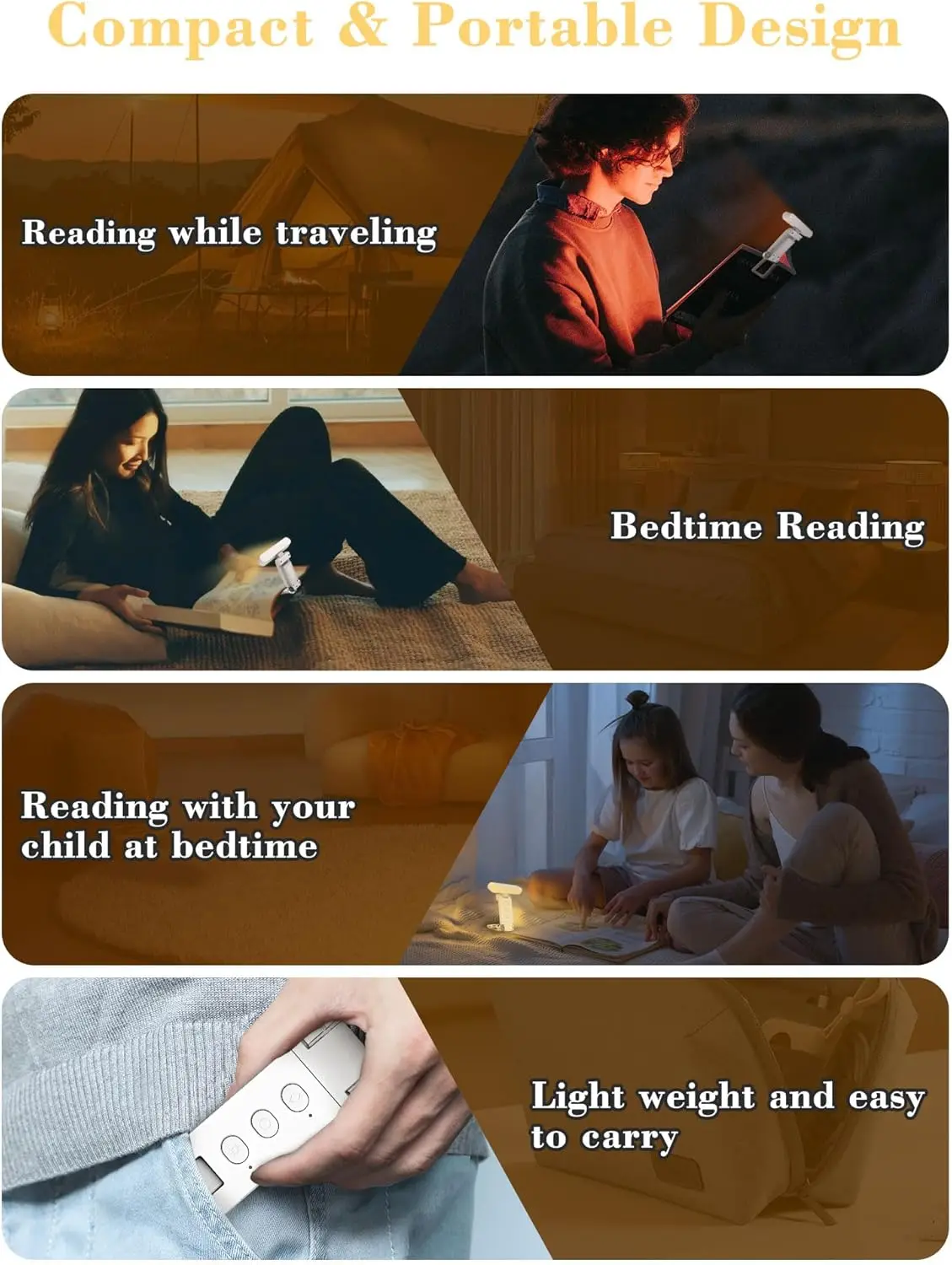 12LED rechargeable book light USB reading light clip 5 colors 6 brightness adjustable reading in bed