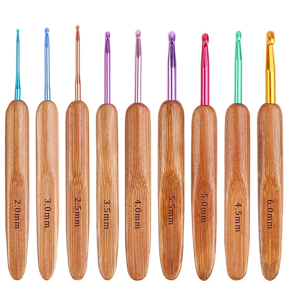 

9Pcs Crochet Hook Set Long Aluminum Knitting Needle with Bamboo Handle for Yarn Craft DIY Knitting Tool 2-6mm Weaving Needles
