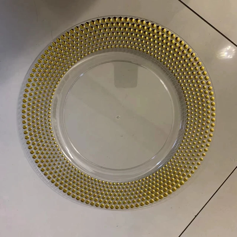 Gold Plastic Beaded Charger Plates, Elegant Pearl Dish, Decorative Salad, Wedding Plates, , 100Pcs, Lot, 13 Inch