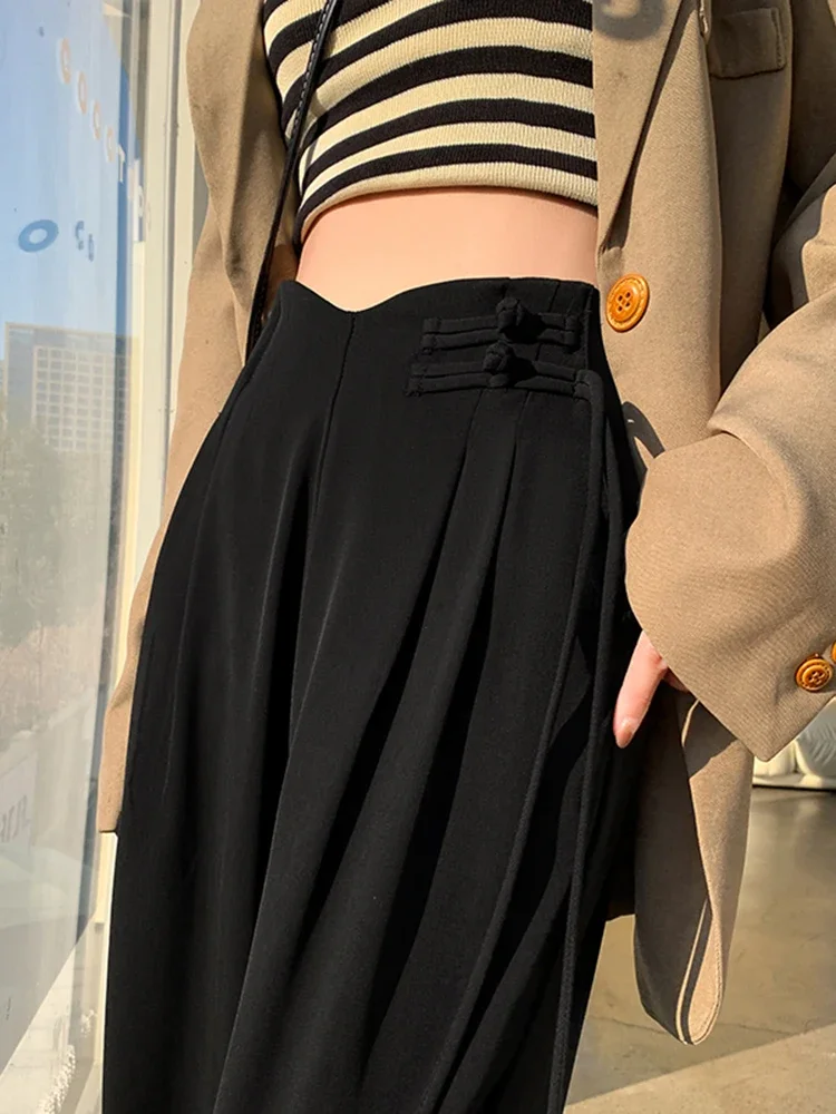 

Брюки Женские однотонные на пуговицах с широкими штанинами, простые модные прямые базовые приталенные классические штаны с завышенной талией, в уличном стиле, черные шикарные