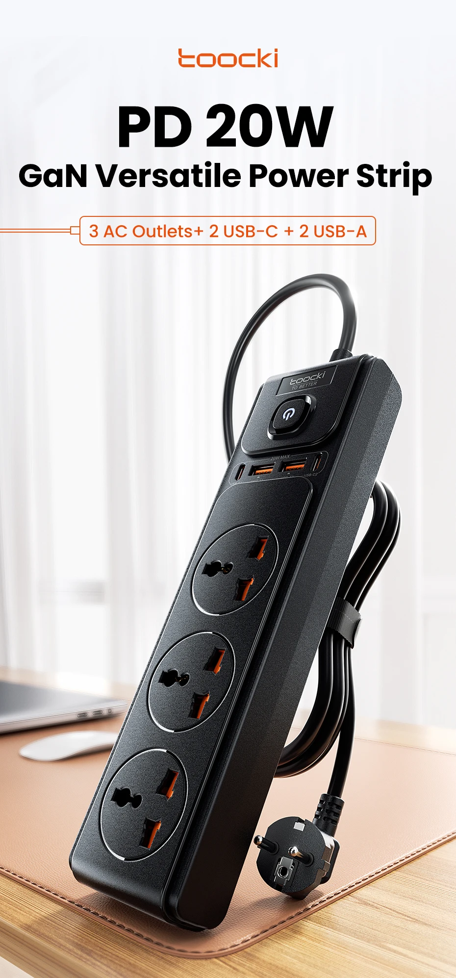 PD20W GaN Versatile Power Strip 2500W Max Universal 3AC Outlet S471ff5ba740a43c8940a48b92834cb65Z