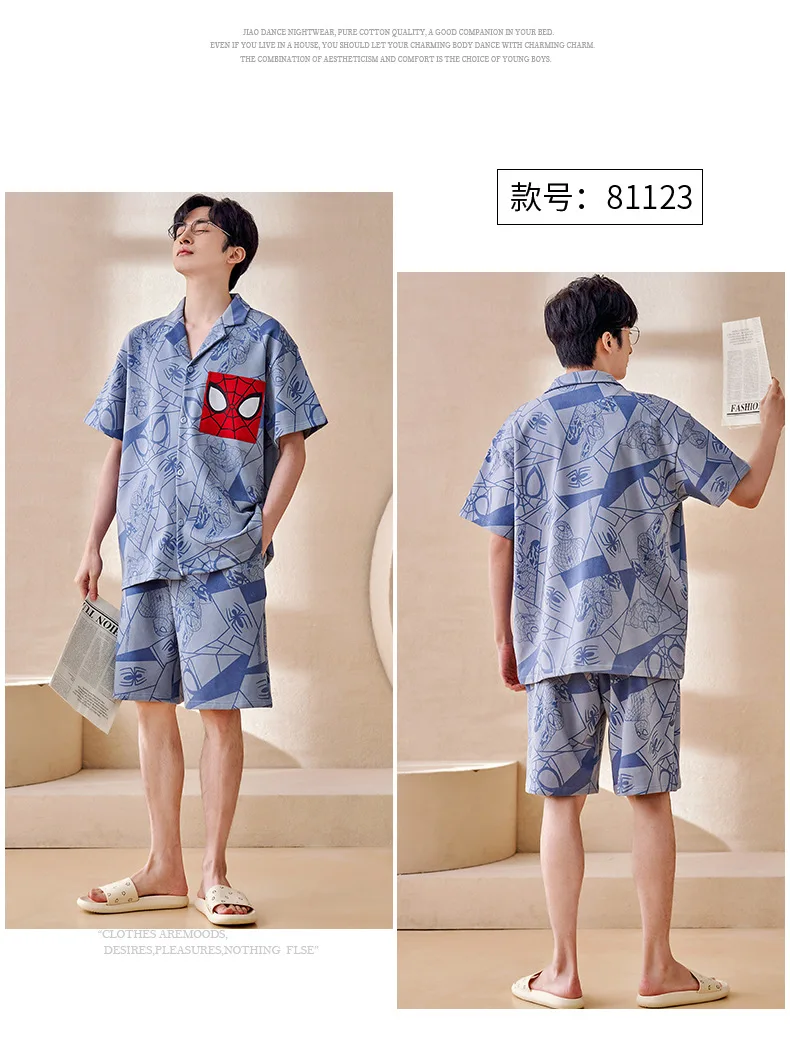 mens loungewear sets Mens Pajamas Summer Cotton Breathable Home Clothes Casual Leisure Wear Anime Tops Bottoms 2Pack Nightwear Cartoon Boys Sleepwear mens sleepwear set