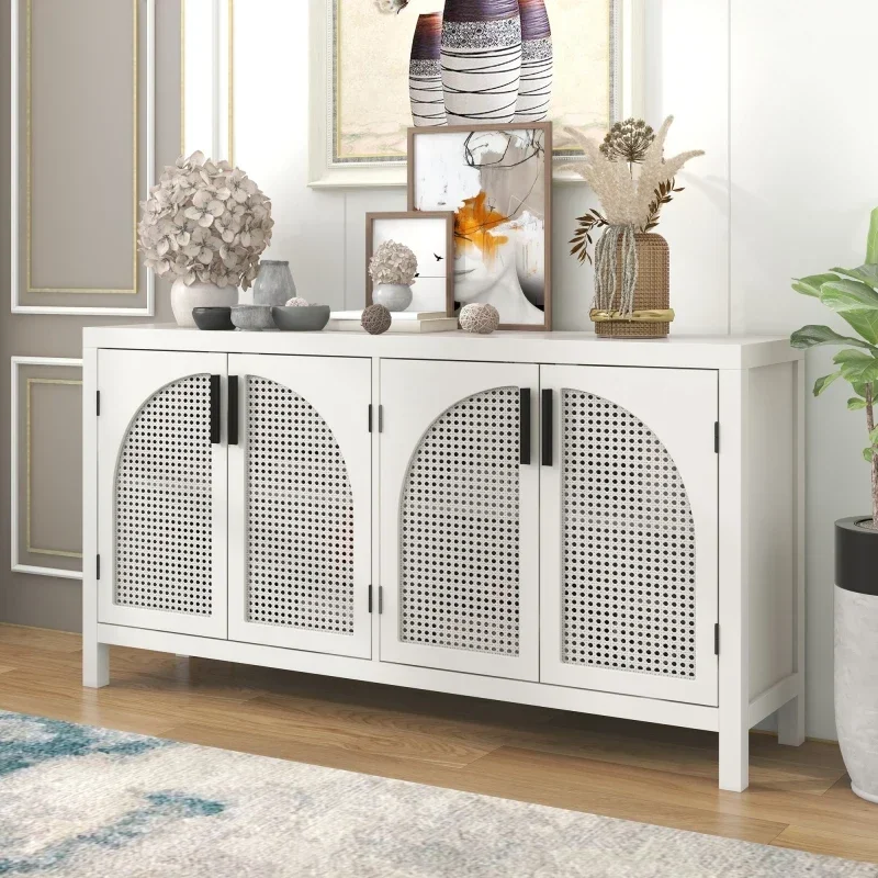 White Large Storage Space Sideboard with Artificial Rattan Door