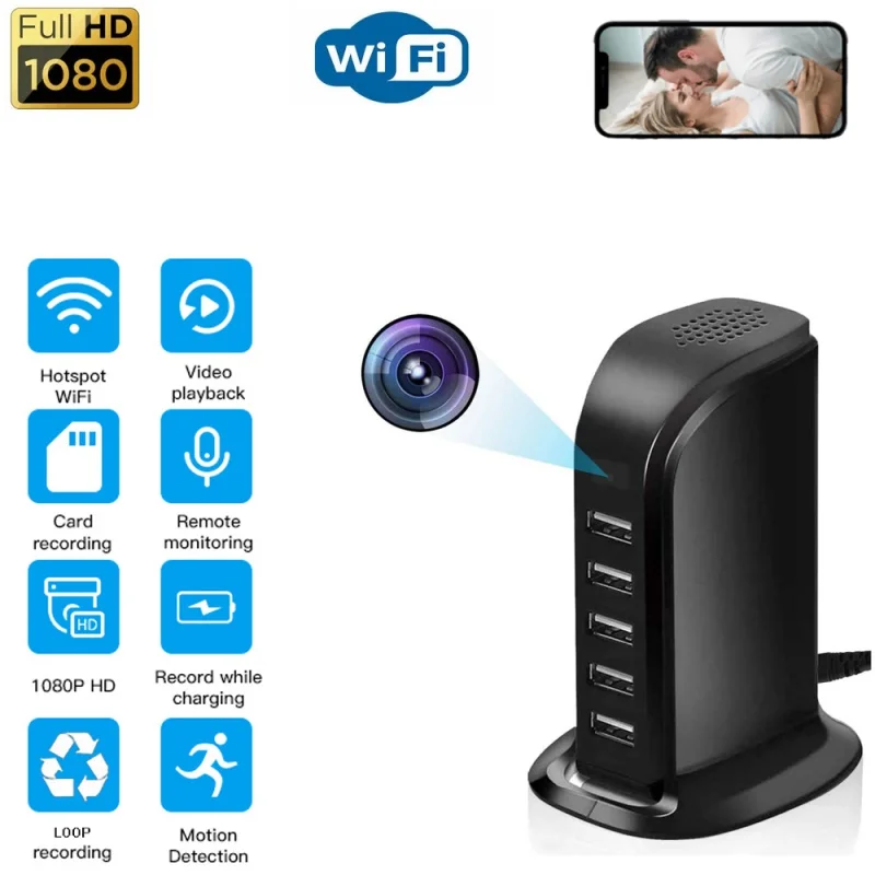 5 Usb Port Charger Hub Convert Mini Camera Wifi Remote Monitoring Hd