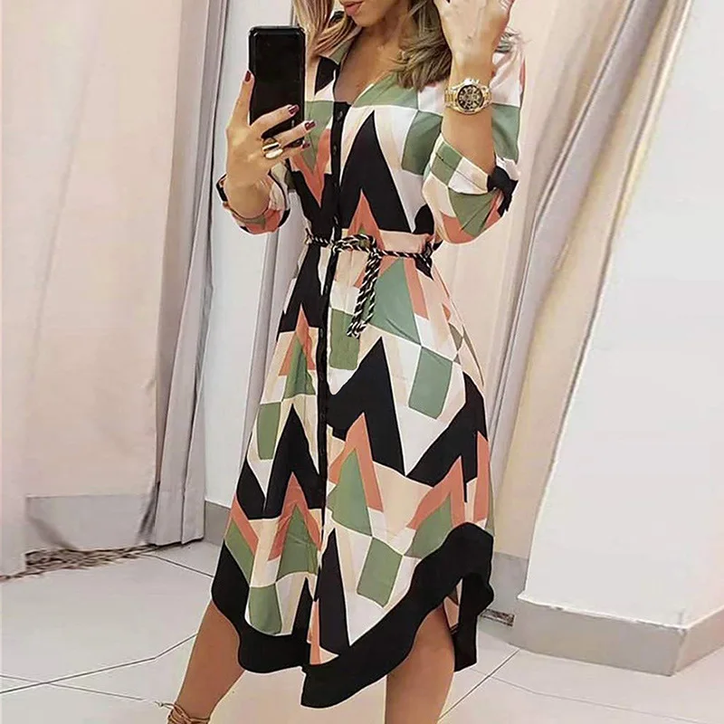 

2023 Women's Spring New Mid-length Skirt Printed Plaid Lapel Tie Dress Vintage Dress