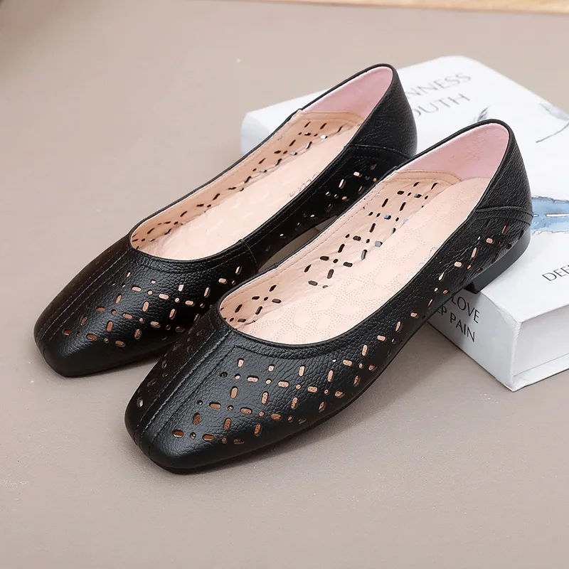 Women Shoes Leather Loafers Square Toe Slip On Flat Shoes Women Soft Bottom Hollow Out Shoes Women Breathable Casual Shoes