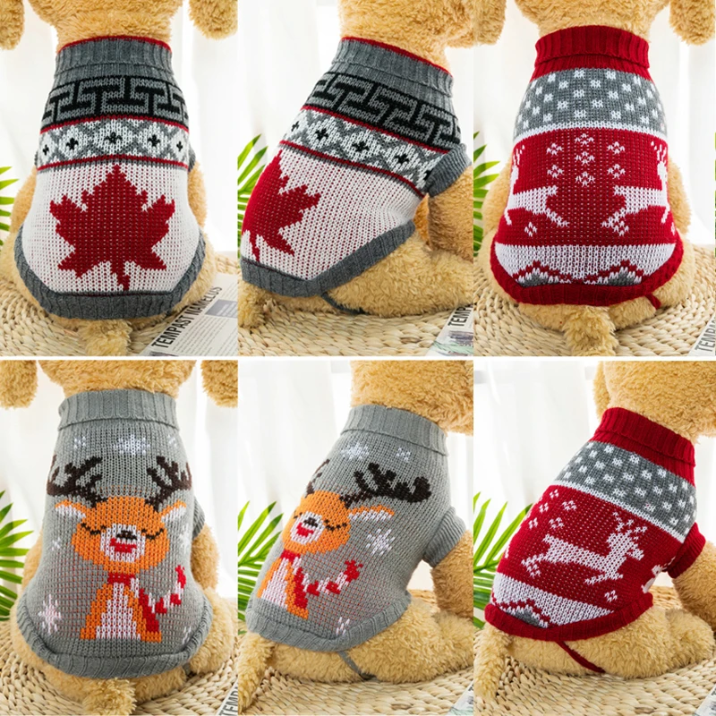 Pet Sweater Dog Christmas Thicken Knitted Sweater Dog Cat Winter Keep Warm Clothes Elk Leaf Pattern Coats Universal High Collar