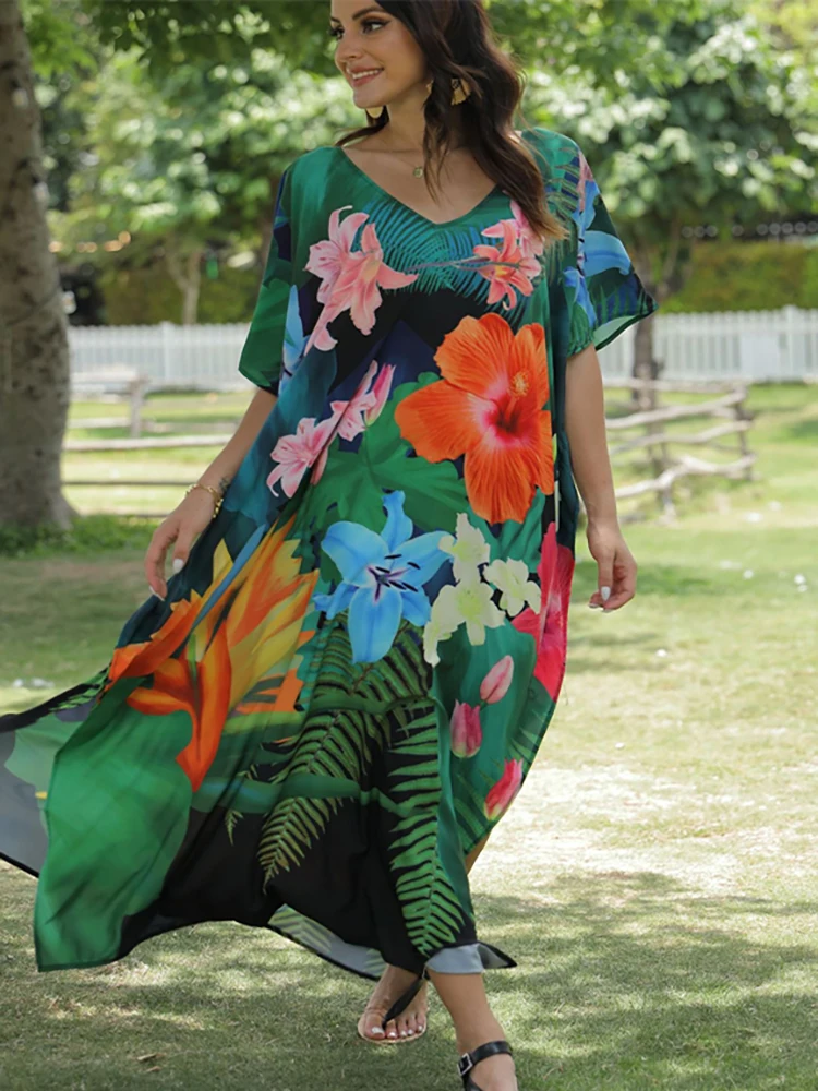 

Floral Print Swimsuit Cover Up Robe De Plage 2023 Summer Bohemian Dress Loose Beachwear Cover-ups Beach Kaftan Pareo Dress