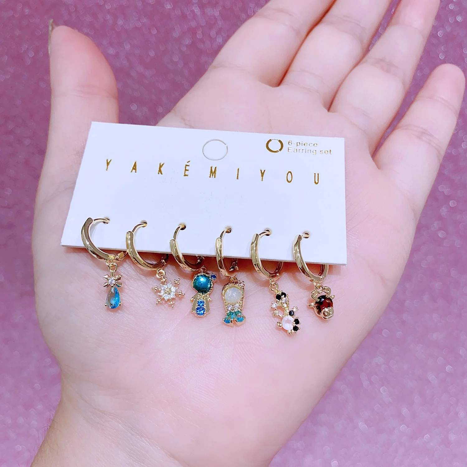 MIGGA 6pcs Fairy Tales Frozen Princess Dangle Earrings Set Gold Plated Huggie Earrings Women Jewelry 5