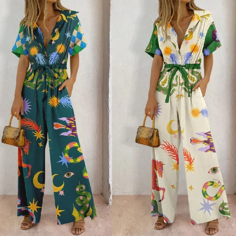 2024 Style Women's Printed Pants Jumpsuit High Waist Casual Wide Leg Pants Elastic Waist Creative Printing Women's Jumpsuit