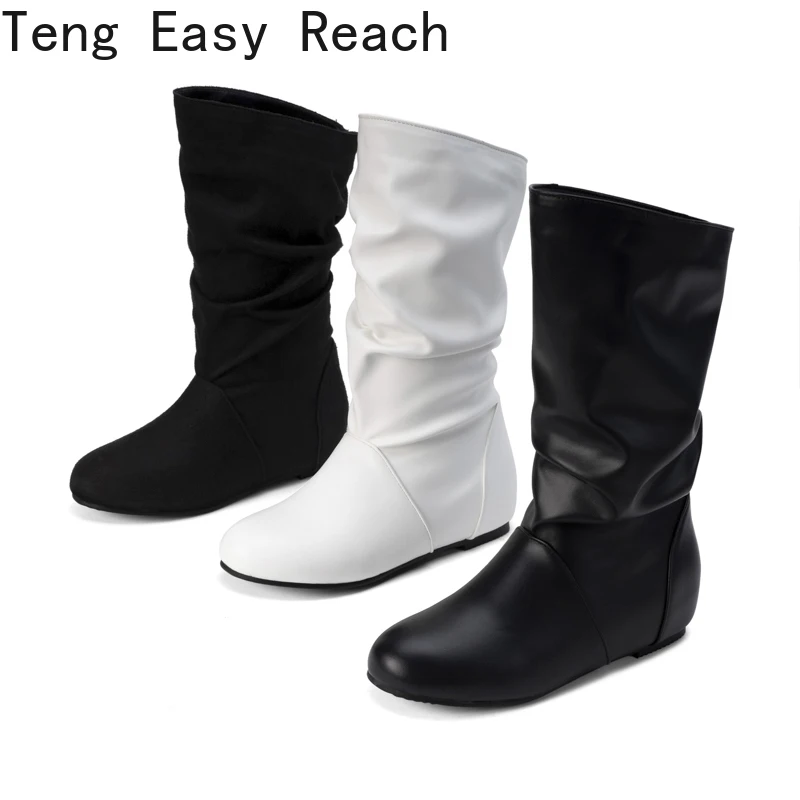 Autumn Winter Women's White Pleated Ankle Boots Fashion Women's Round Toe Wedge Short Boots Women's Black New Plus Size 33-48