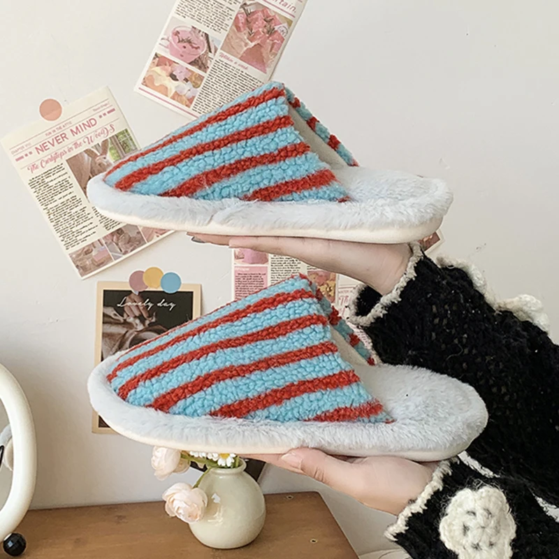 Korean Striped Cotton Slippers Women Comfortable Non Slip Warm Plush Slides Woman 2025 Slip On Soft Sole Home Shoes Female