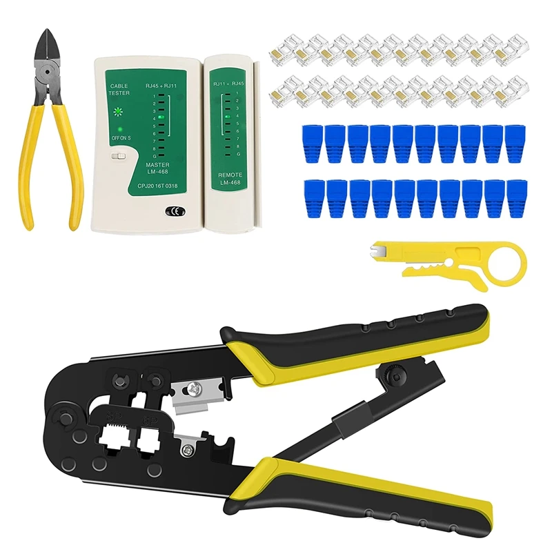 

RJ45 Crimp Tool Kit For Cat5 Cat5e Cat6 Modular Plug Connectors, RJ-11, 6P/RJ-12, 8P/RJ-45 Network Crimp Tool