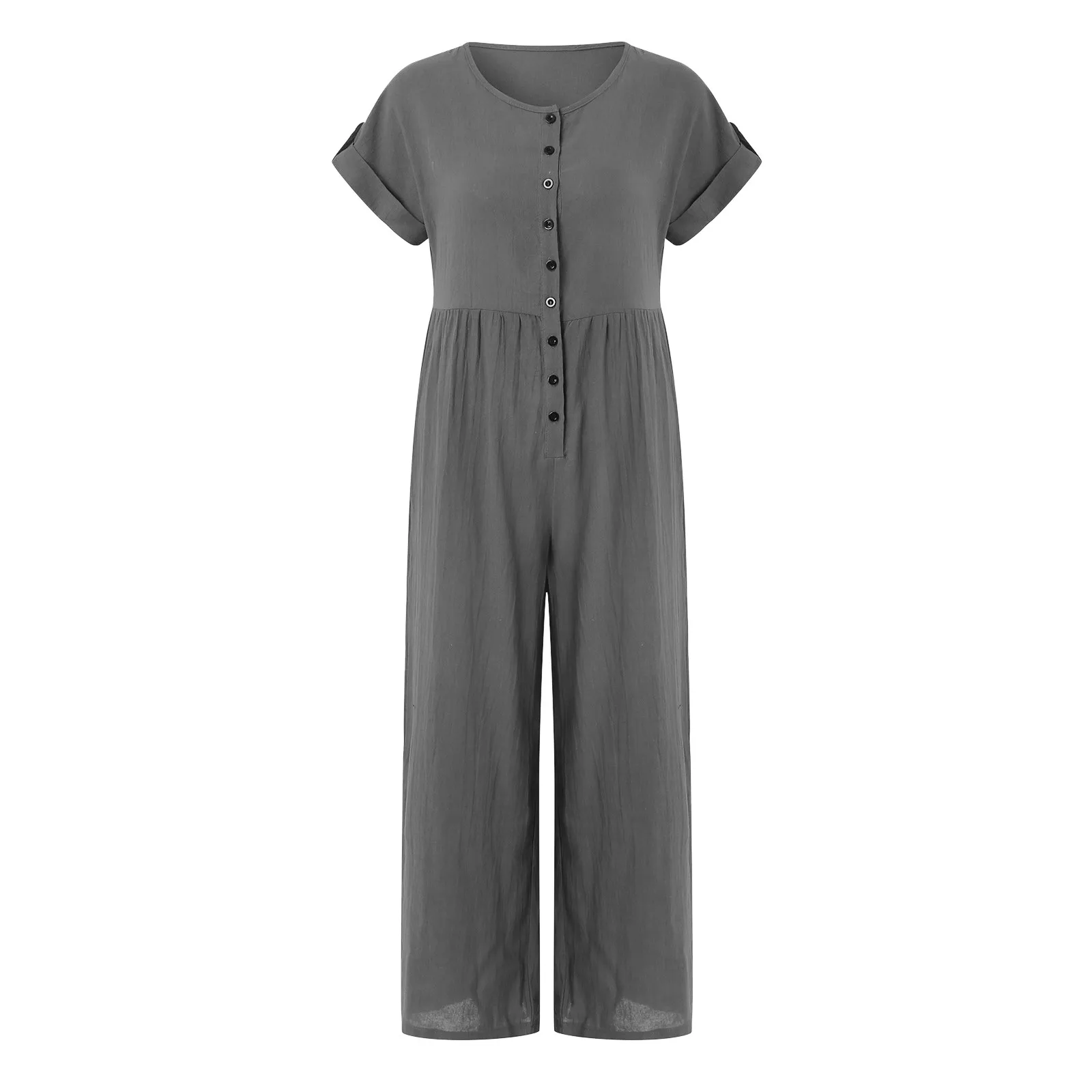 Combinaison Décontractée Femme Coton Lin - Salopette Ample Jambes Larges Col V Boutonnée Élégante