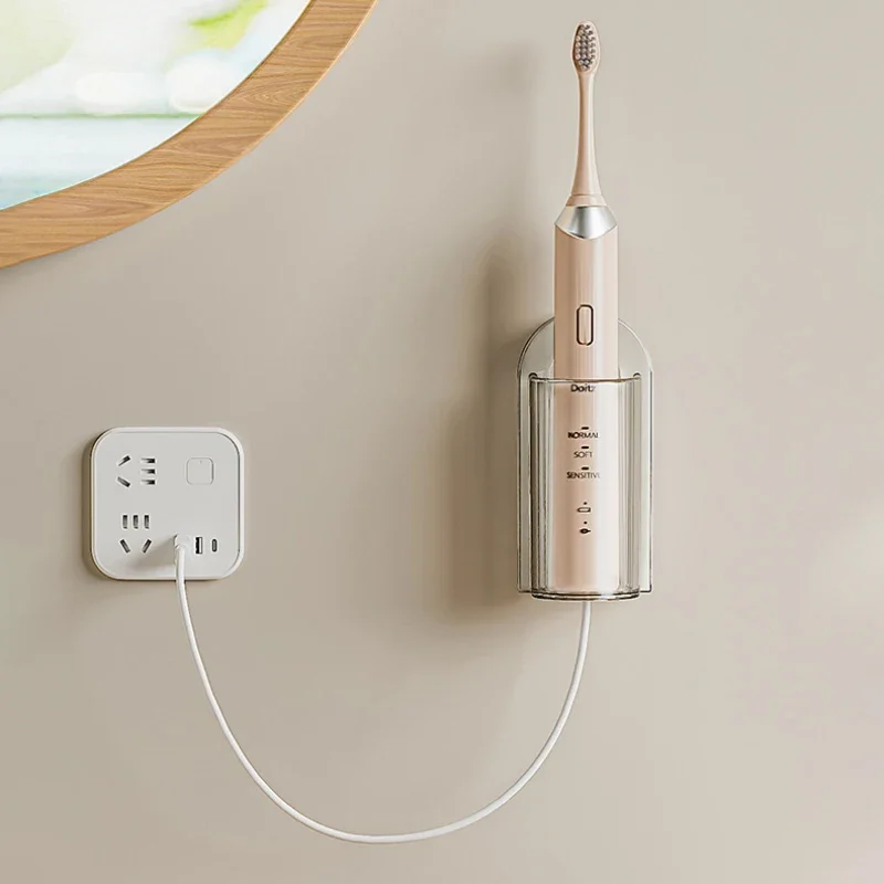 Self Adhesive Electric Toothbrush Holder Punch-Free Wall Mount Tooth Brush Rack Bathroom Organizer Holder Toothbrush Holder Bathroom Storage Rack Wall Mounted Storage Hook