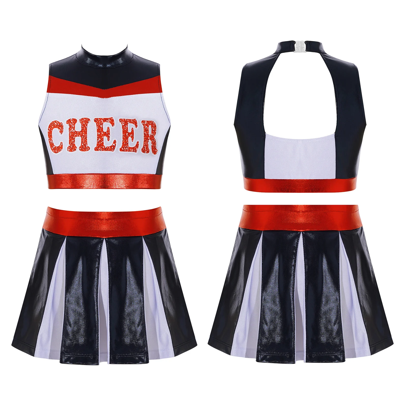 

Kids Girls Cheer Leader Costume Cheerleading Uniform Sleeveless Letter Print Hollow Out Crop Top+Elastic Waist Pleated Skirt Set