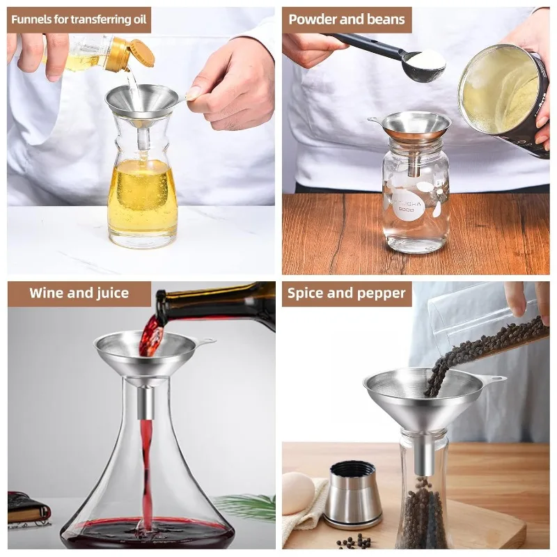 Stainless Steel Funnel Set for Kitchen with Detachable Strainer Large Wide Mouth Metal Funnels for Liquid Oil Juice Seasoning