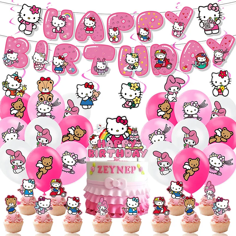 

KT Cat Kitty Cat Party Decorations Sanrio Birthday Flag Cake Row Balloons Pink Cat Party Supplies To Give Friends The Best Gift
